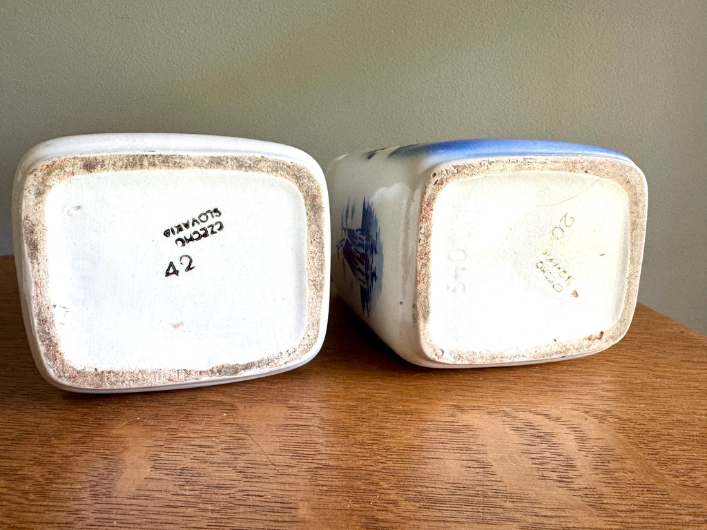 Vtg Czechoslovakia Blue & White Ceramic Canisters ~ Rice & Oatmeal Ceramic Kitchen Cansisters