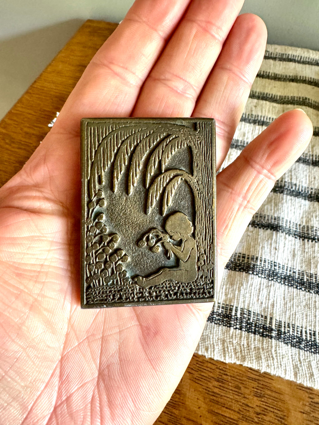 Vintage Solid Brass Little Girl Picking Flowers Belt Buckle | Brass Buckle | CDC Metalworks Girl Under Tree Brass Belt Buckle