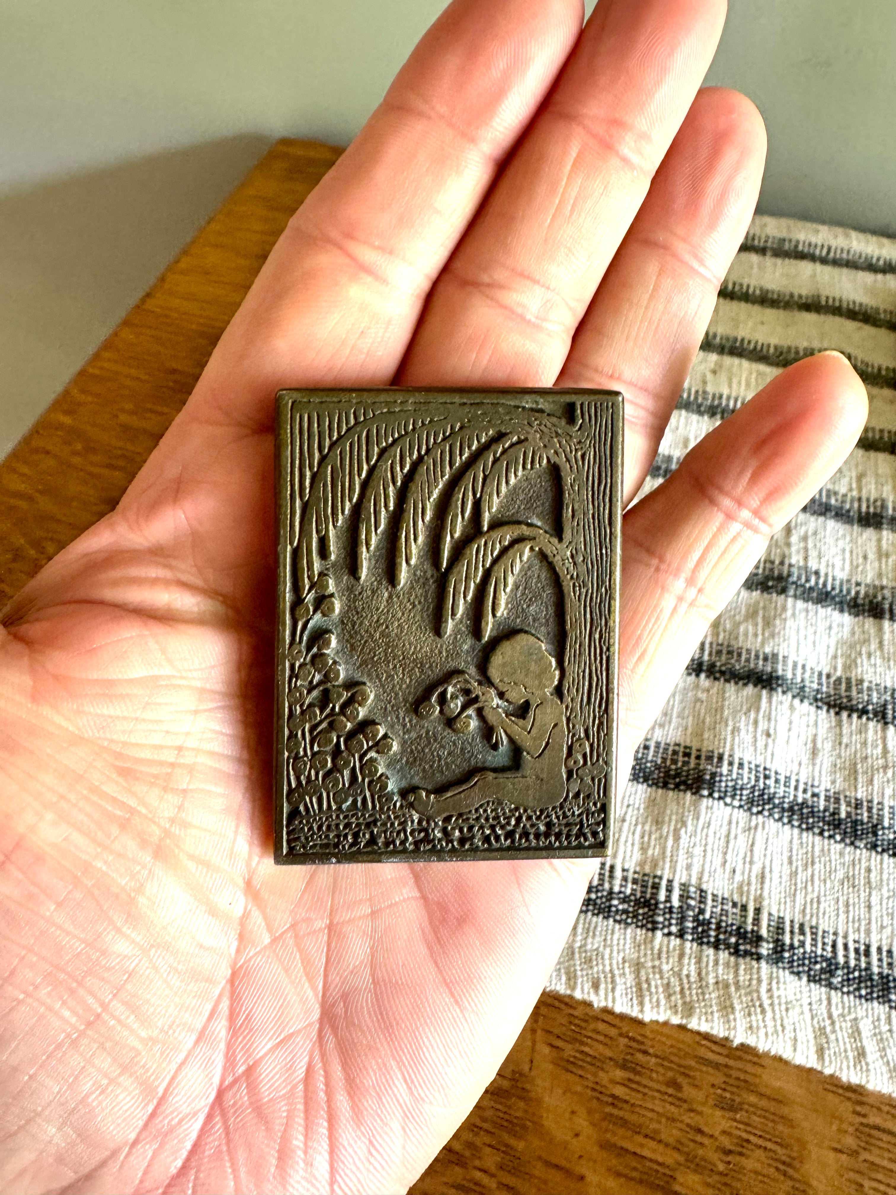 Vintage Solid Brass Little Girl Picking Flowers Belt Buckle | Brass Buckle | CDC Metalworks Girl Under Tree Brass Belt Buckle