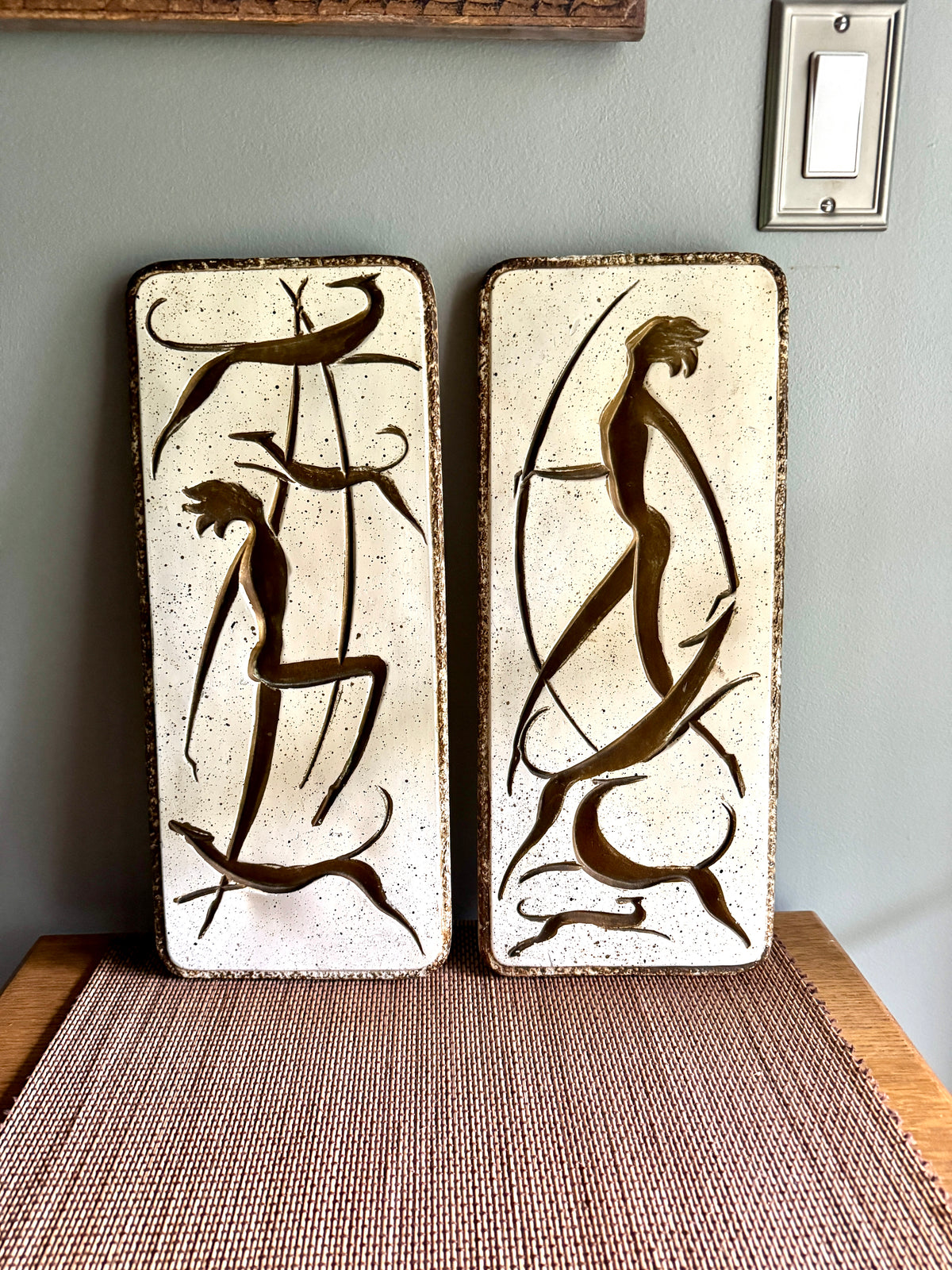 Vtg Pair of MCM Chalkware Atomic Dancers & Hounds Wall Plaques ~ Carved & Painted Tribal Chalk Ware Wall Hangings