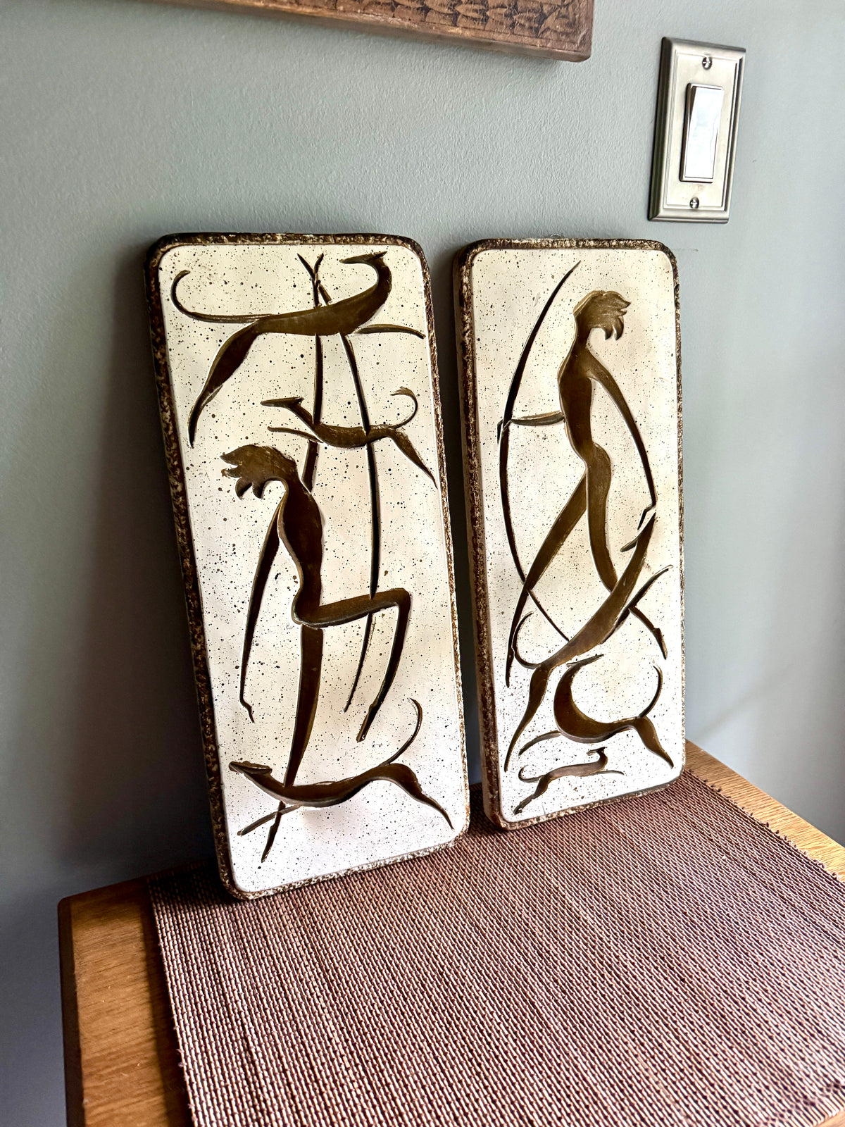 Vtg Pair of MCM Chalkware Atomic Dancers & Hounds Wall Plaques ~ Carved & Painted Tribal Chalk Ware Wall Hangings