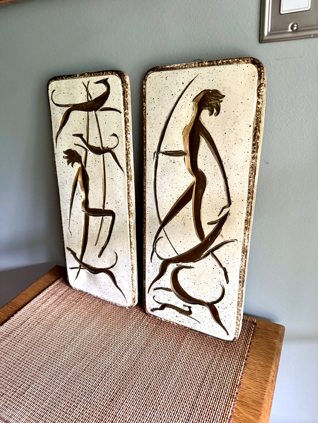 Vtg Pair of MCM Chalkware Atomic Dancers & Hounds Wall Plaques ~ Carved & Painted Tribal Chalk Ware Wall Hangings