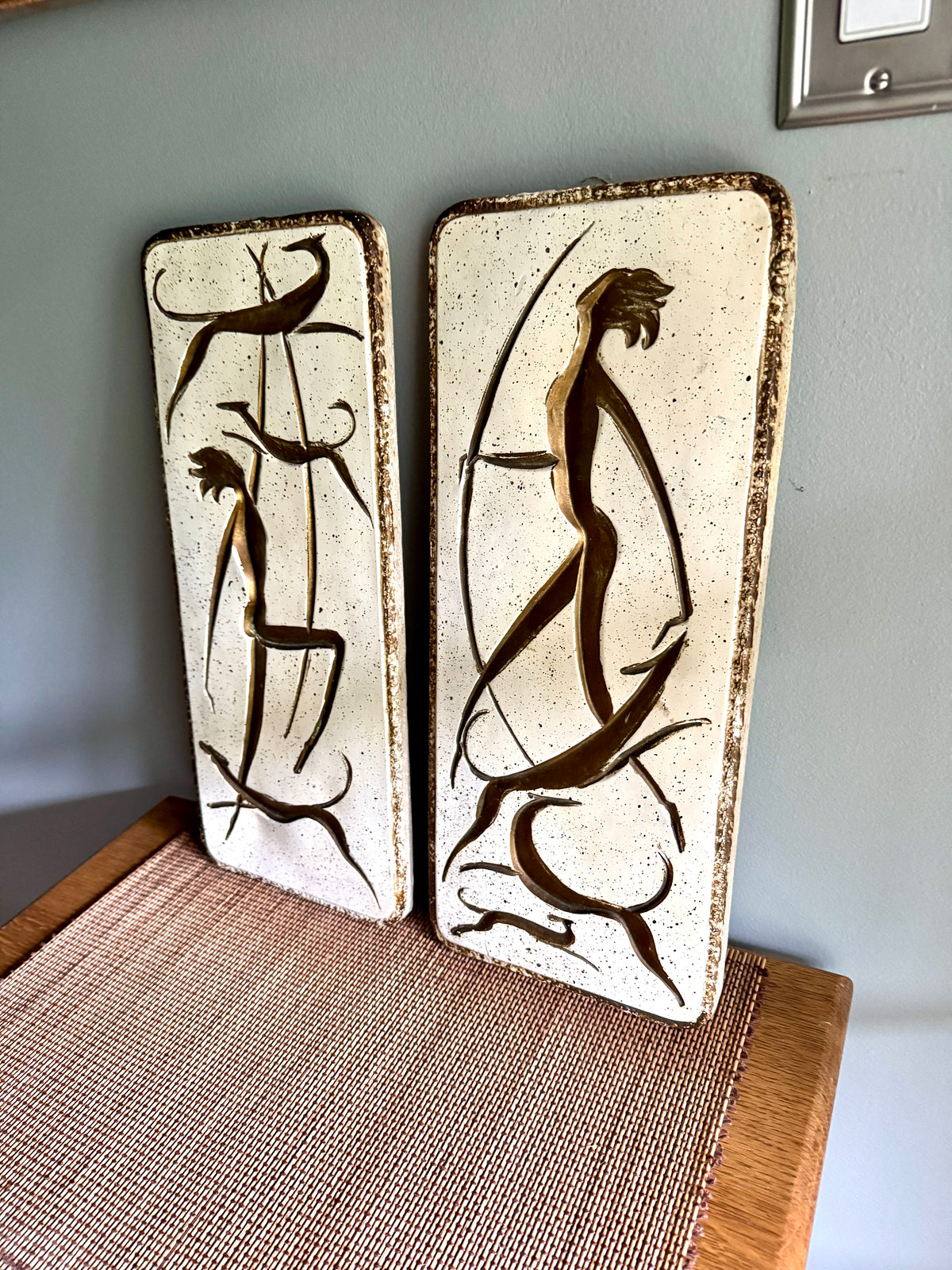 Vtg Pair of MCM Chalkware Atomic Dancers & Hounds Wall Plaques ~ Carved & Painted Tribal Chalk Ware Wall Hangings