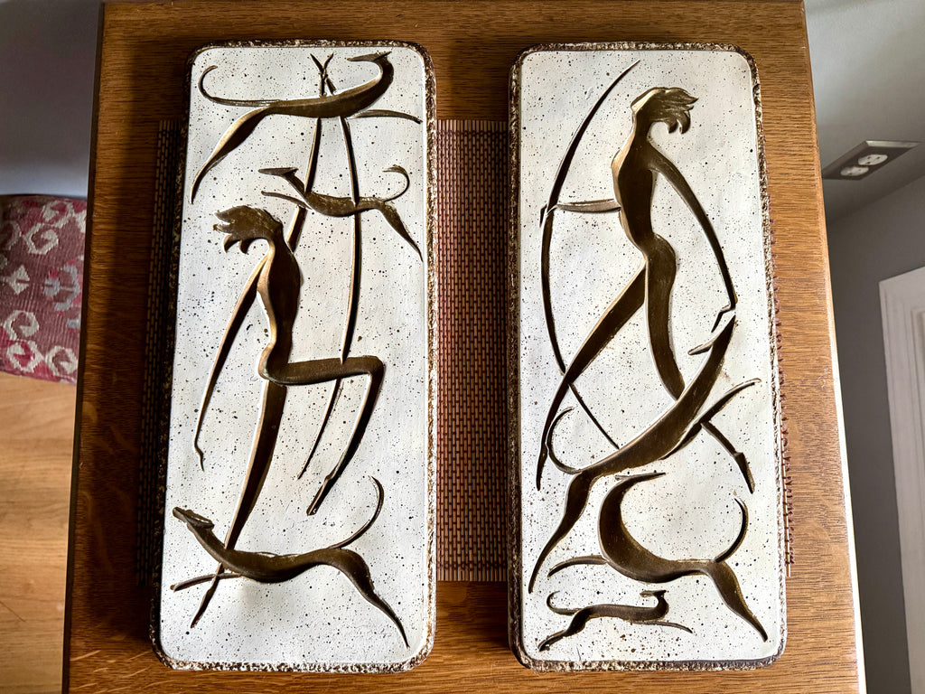 Vtg Pair of MCM Chalkware Atomic Dancers & Hounds Wall Plaques ~ Carved & Painted Tribal Chalk Ware Wall Hangings