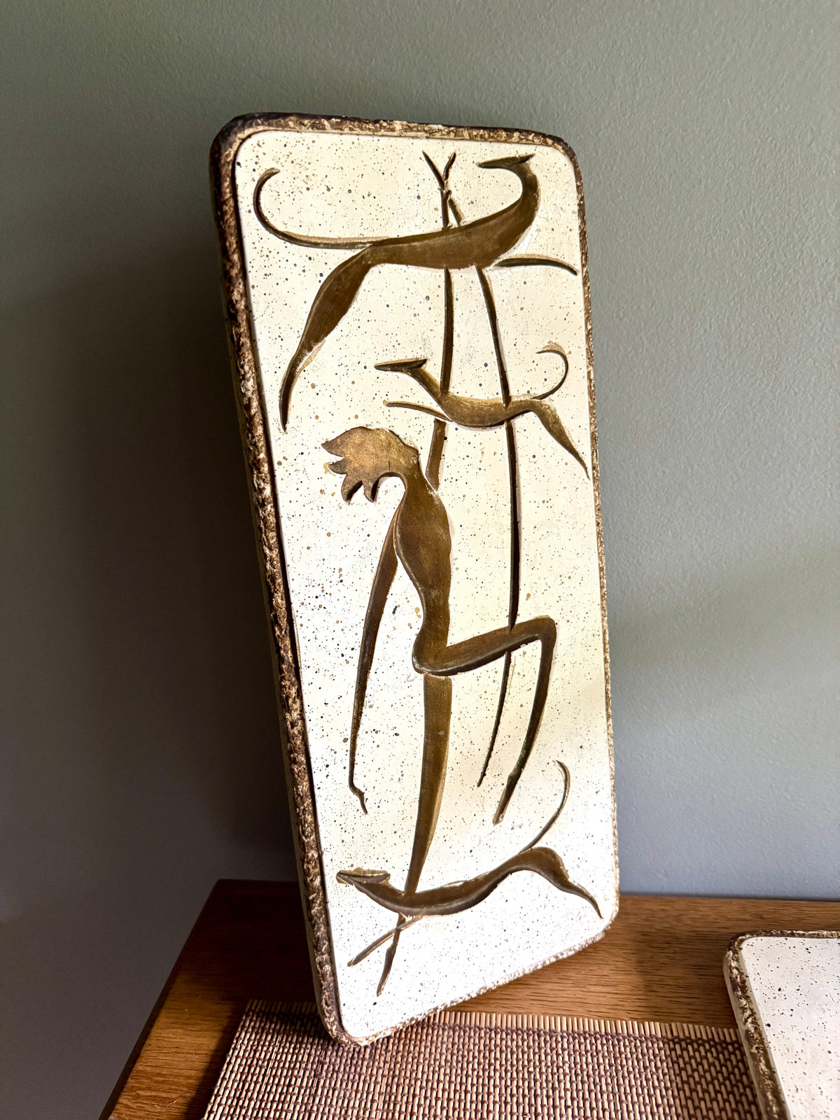Vtg Pair of MCM Chalkware Atomic Dancers & Hounds Wall Plaques ~ Carved & Painted Tribal Chalk Ware Wall Hangings
