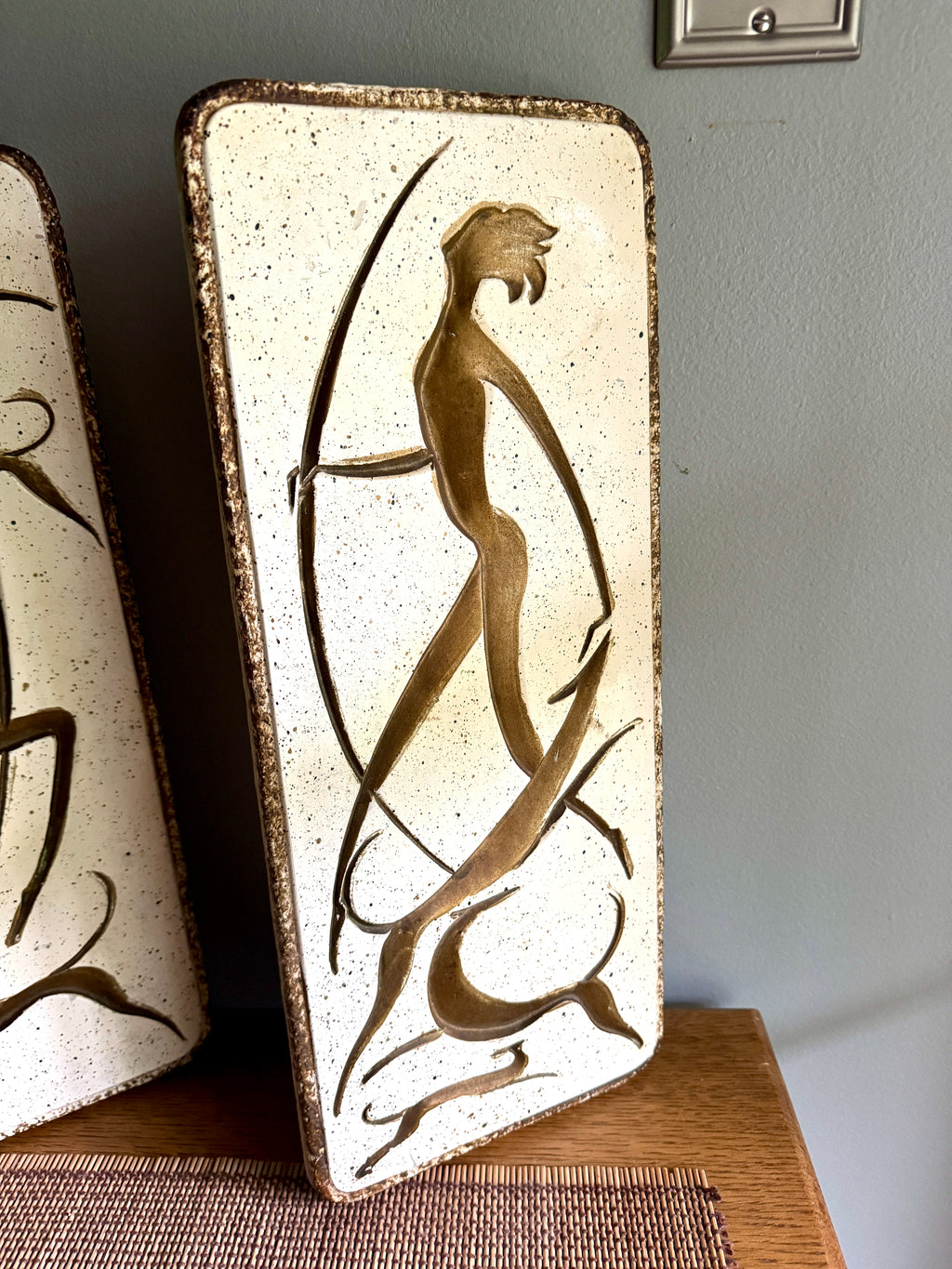 Vtg Pair of MCM Chalkware Atomic Dancers & Hounds Wall Plaques ~ Carved & Painted Tribal Chalk Ware Wall Hangings