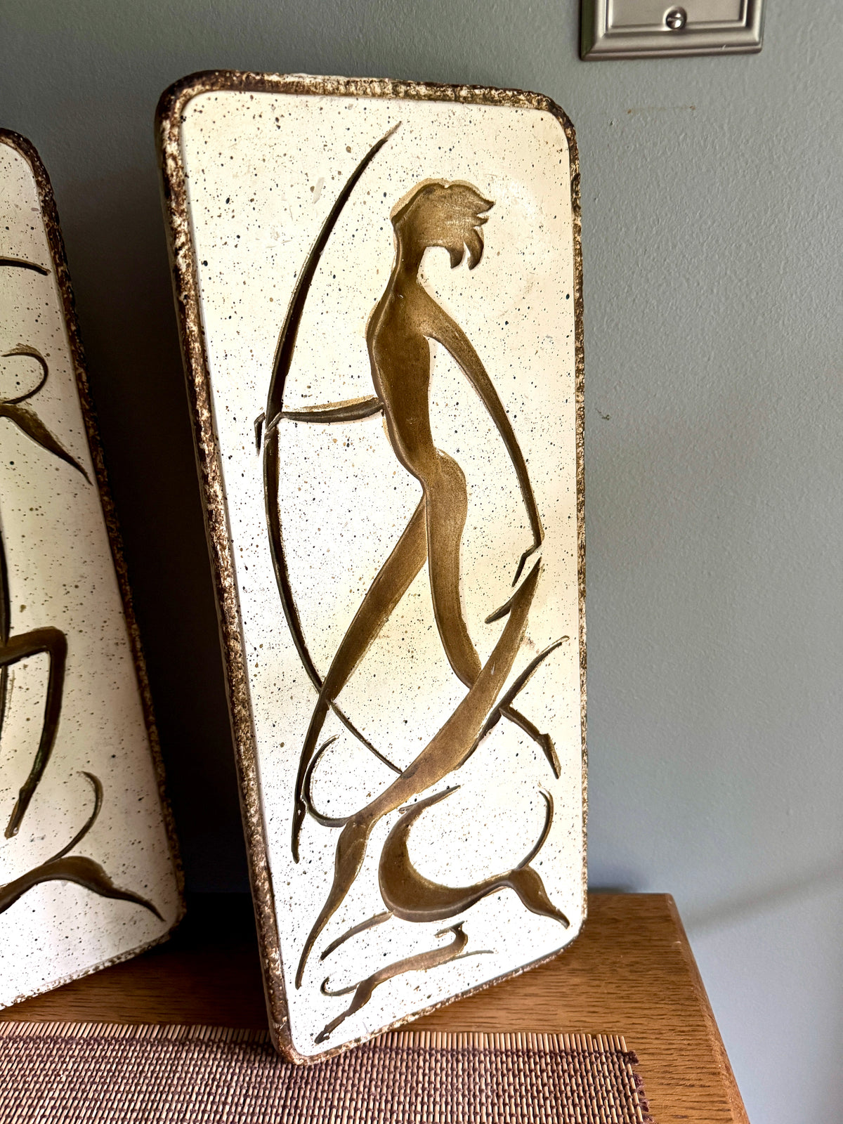 Vtg Pair of MCM Chalkware Atomic Dancers & Hounds Wall Plaques ~ Carved & Painted Tribal Chalk Ware Wall Hangings
