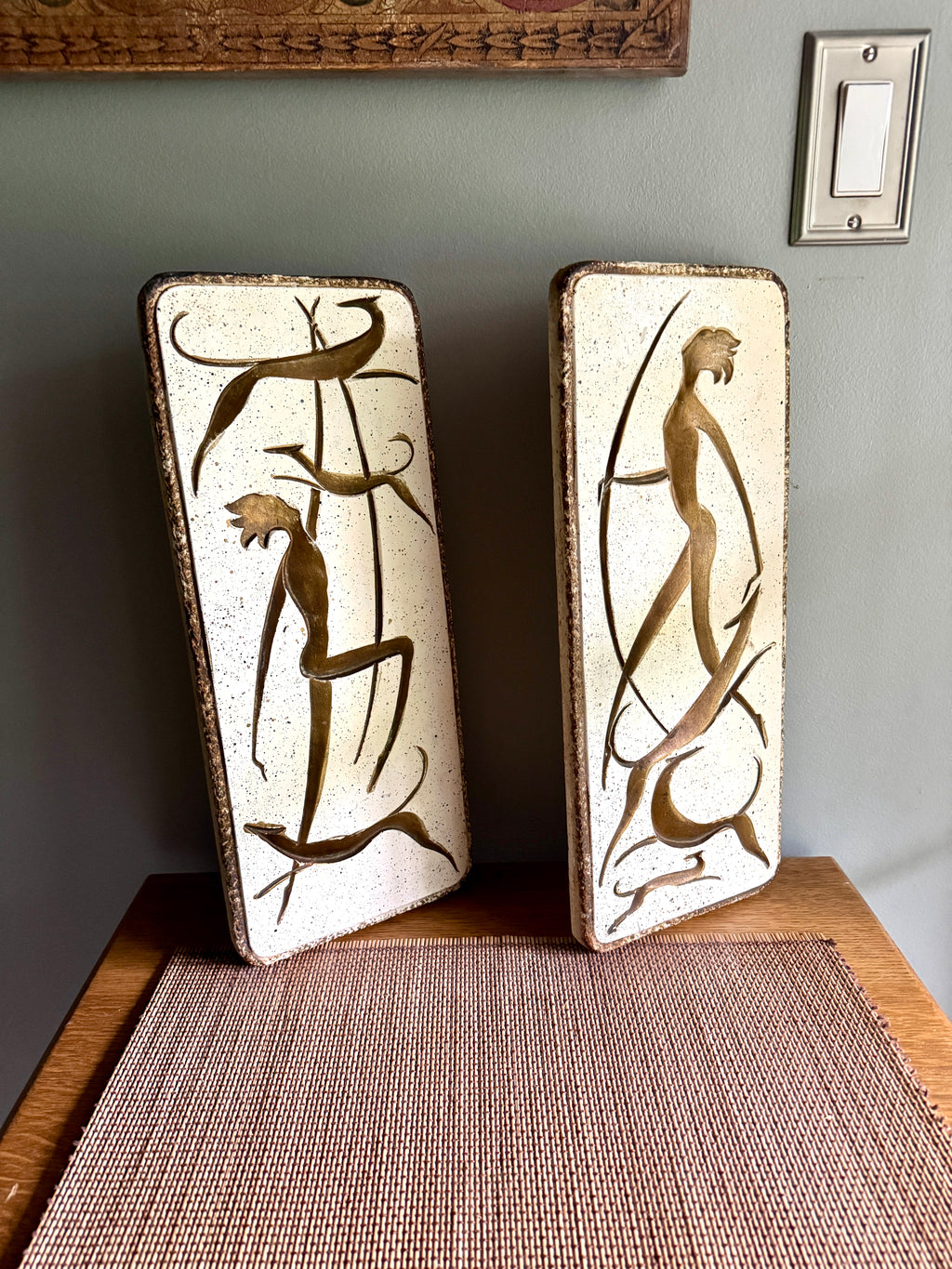 Vtg Pair of MCM Chalkware Atomic Dancers & Hounds Wall Plaques ~ Carved & Painted Tribal Chalk Ware Wall Hangings