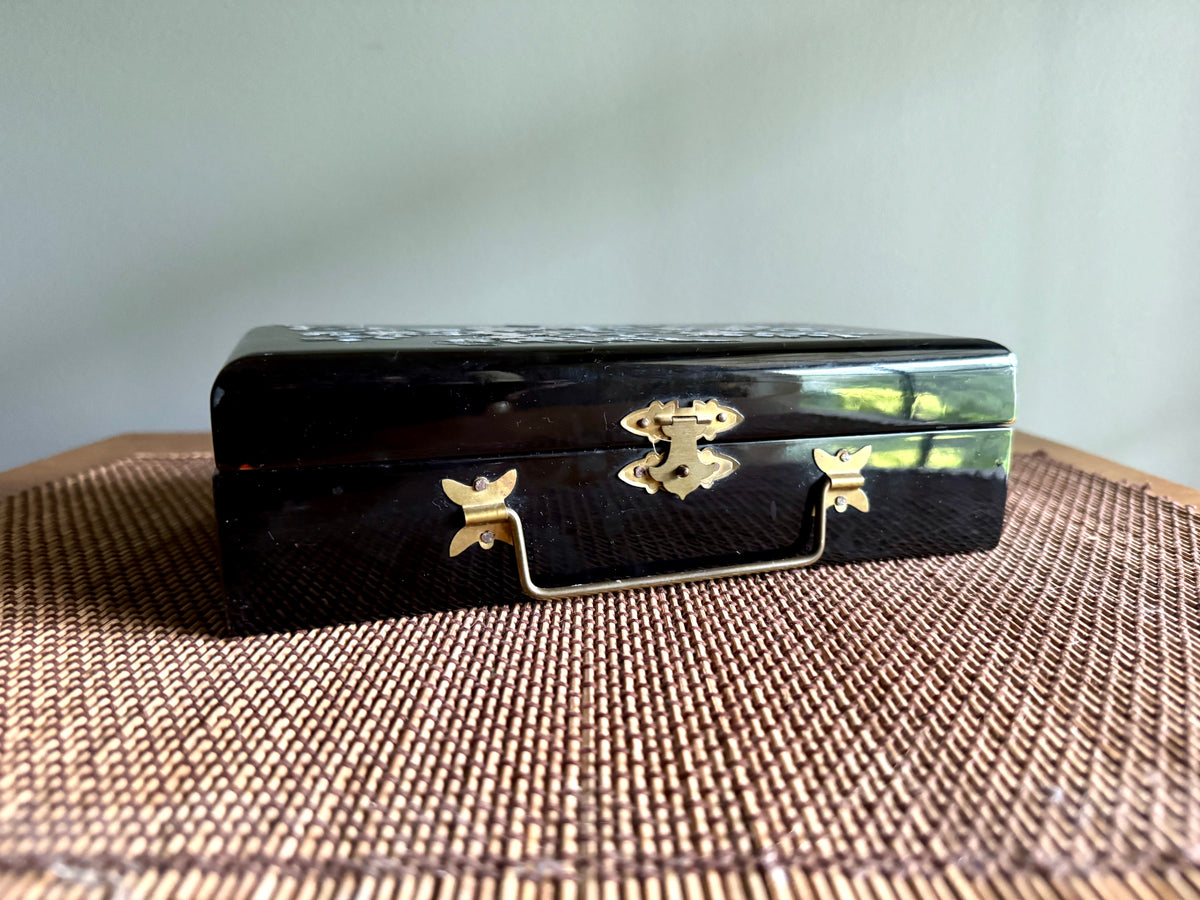 Vtg Asian Black Lacquer Inlay Mother of Pearl Style Bird Scene Jewelry Box