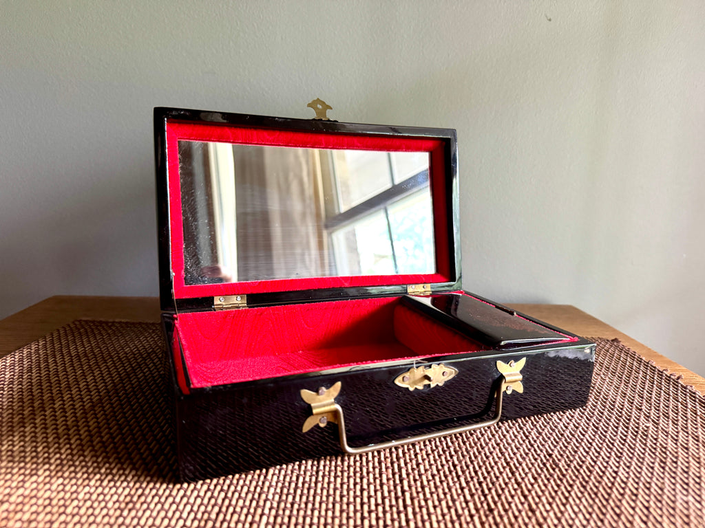 Vtg Asian Black Lacquer Inlay Mother of Pearl Style Bird Scene Jewelry Box