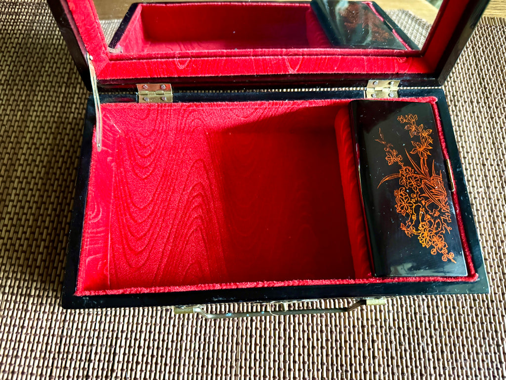 Vtg Asian Black Lacquer Inlay Mother of Pearl Style Bird Scene Jewelry Box