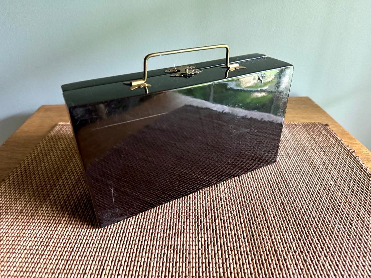 Vtg Asian Black Lacquer Inlay Mother of Pearl Style Bird Scene Jewelry Box