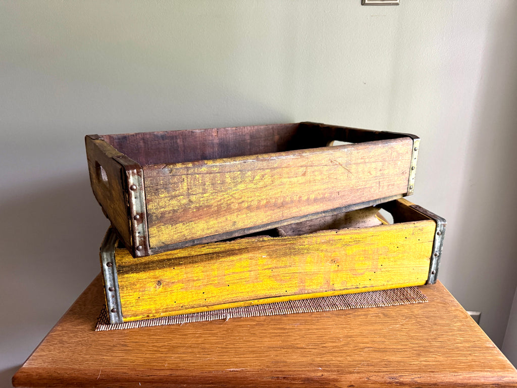 Vtg pair of Distressed Wooden Dr. Pepper Crates ~ Distressed Yellow Wood Cola Crates