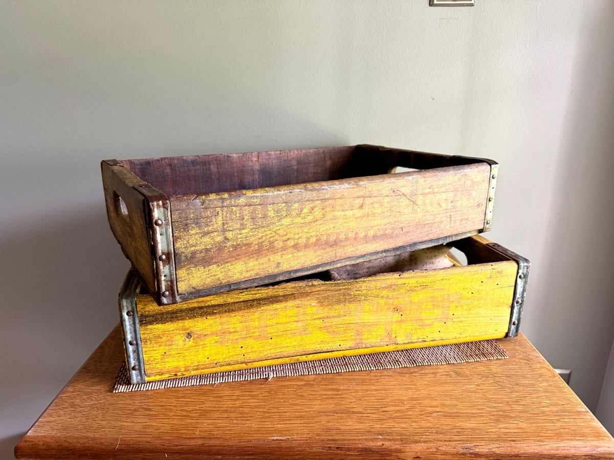 Vtg pair of Distressed Wooden Dr. Pepper Crates ~ Distressed Yellow Wood Cola Crates