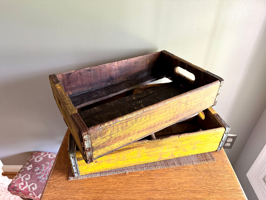 Vtg pair of Distressed Wooden Dr. Pepper Crates ~ Distressed Yellow Wood Cola Crates