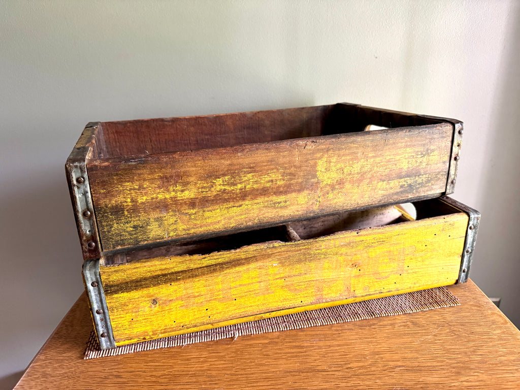 Vtg pair of Distressed Wooden Dr. Pepper Crates ~ Distressed Yellow Wood Cola Crates