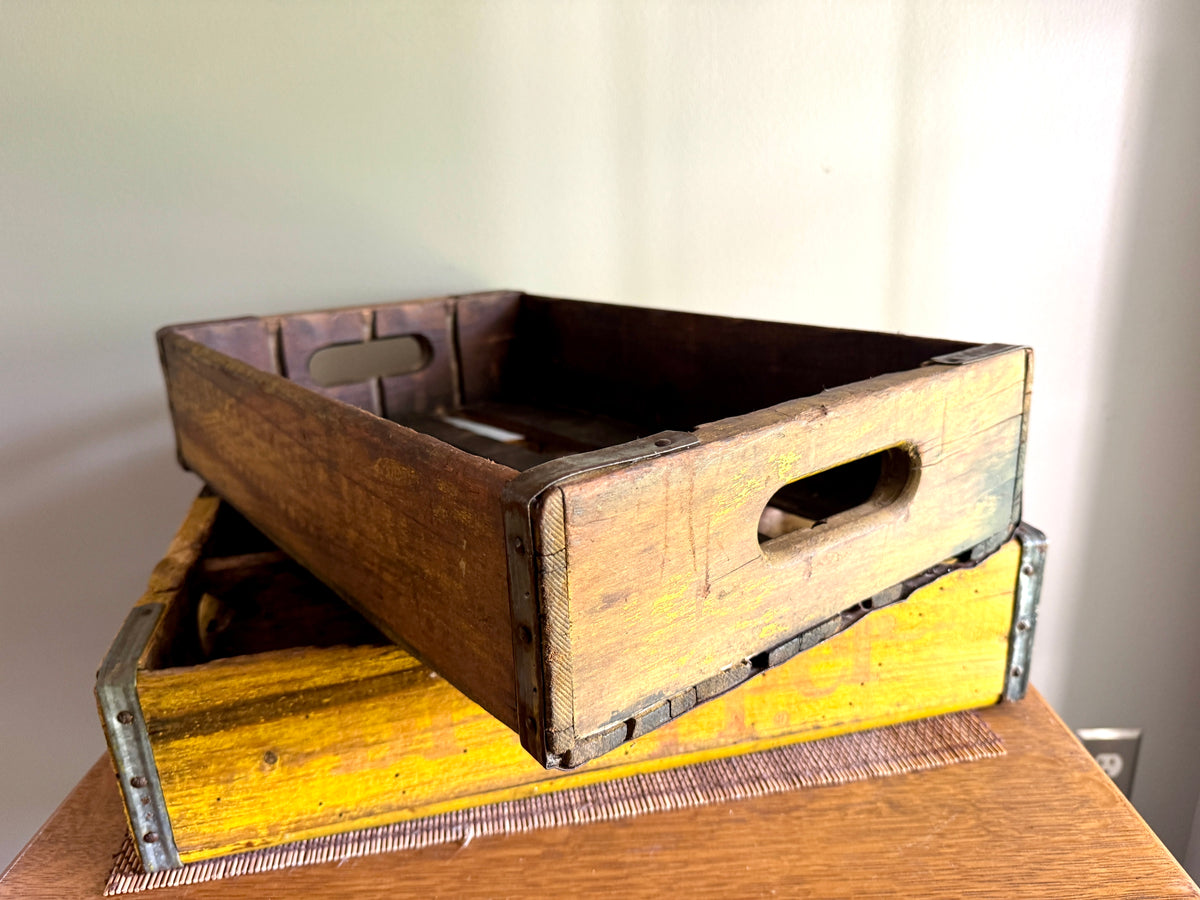 Vtg pair of Distressed Wooden Dr. Pepper Crates ~ Distressed Yellow Wood Cola Crates