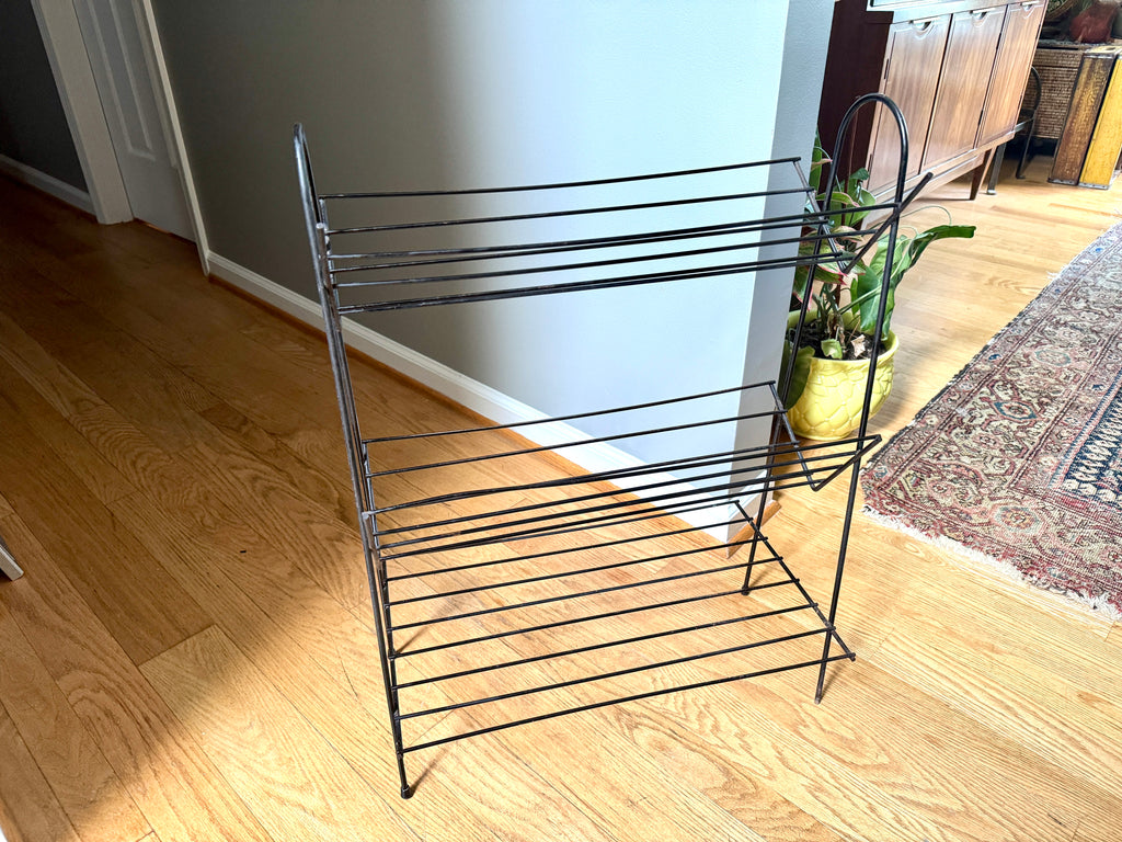 Vtg Mid Mod Black Wire Bookshelf ~ Wire Record Stand ~ MCM Wire Bookshelf