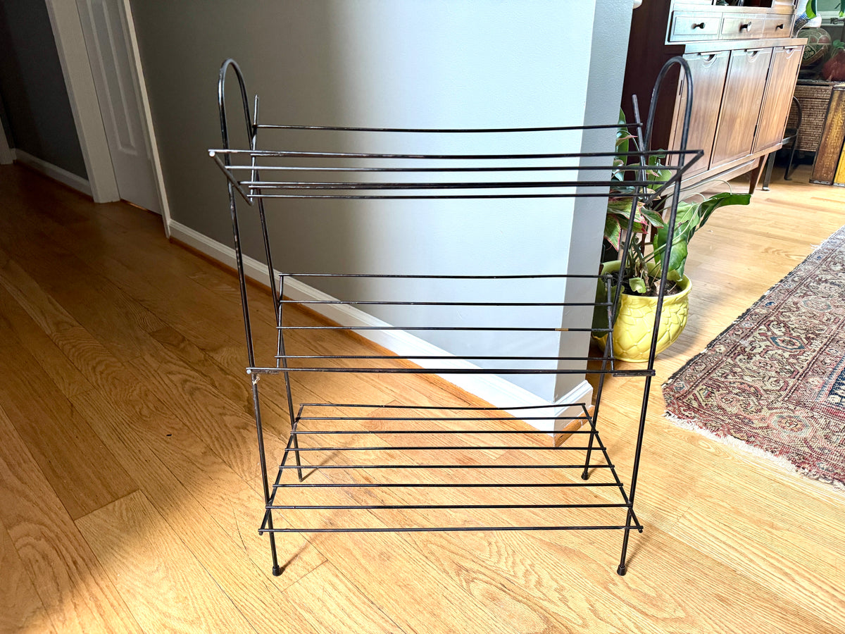 Vtg Mid Mod Black Wire Bookshelf ~ Wire Record Stand ~ MCM Wire Bookshelf