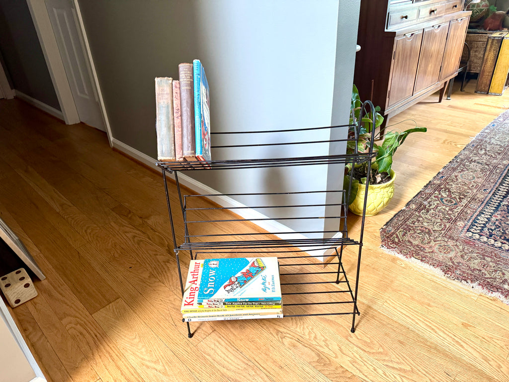 Vtg Mid Mod Black Wire Bookshelf ~ Wire Record Stand ~ MCM Wire Bookshelf