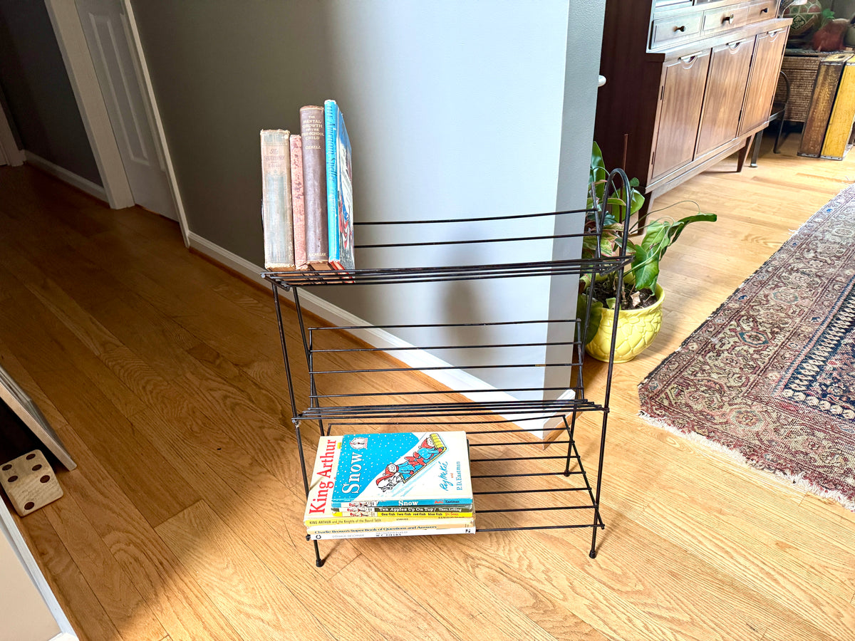 Vtg Mid Mod Black Wire Bookshelf ~ Wire Record Stand ~ MCM Wire Bookshelf