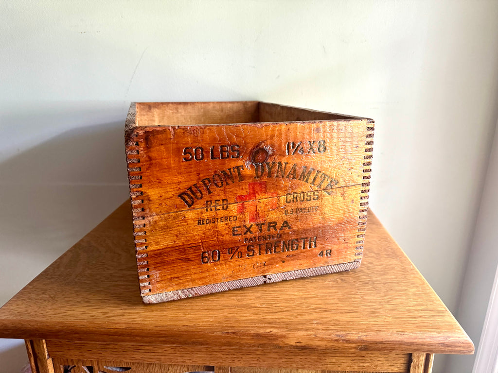 Vintage Dupont Dynamite Red Cross Crate | Antique Dupont Dynamite 60% Strength Box | Wood Dovetailed Red Cross Dupont Dynamite Wood Crate