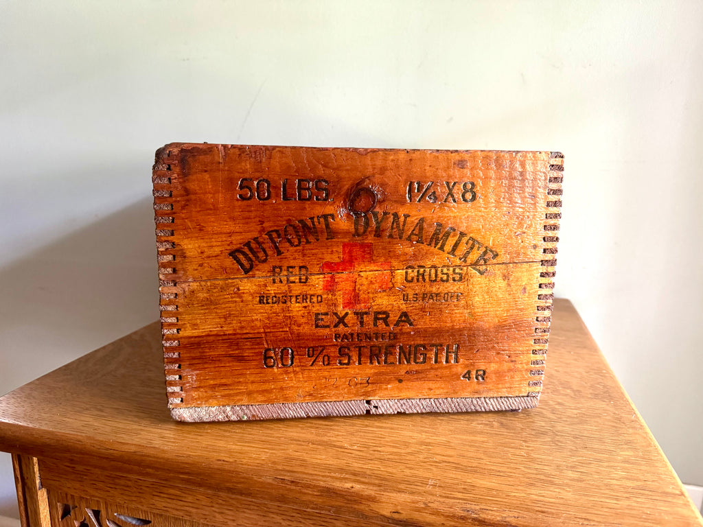 Vintage Dupont Dynamite Red Cross Crate | Antique Dupont Dynamite 60% Strength Box | Wood Dovetailed Red Cross Dupont Dynamite Wood Crate