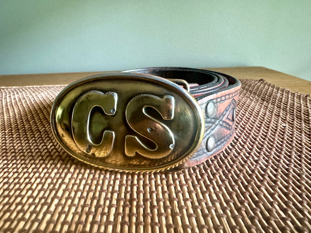 Vtg Replica Brass CS Civil War Belt Buckle ~ Confederate States Belt Buckle with Tooled Leather Belt