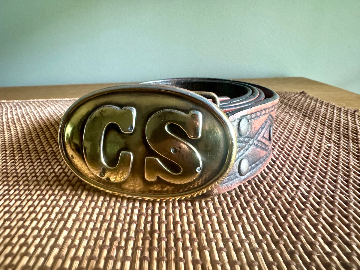 Vtg Replica Brass CS Civil War Belt Buckle ~ Confederate States Belt Buckle with Tooled Leather Belt