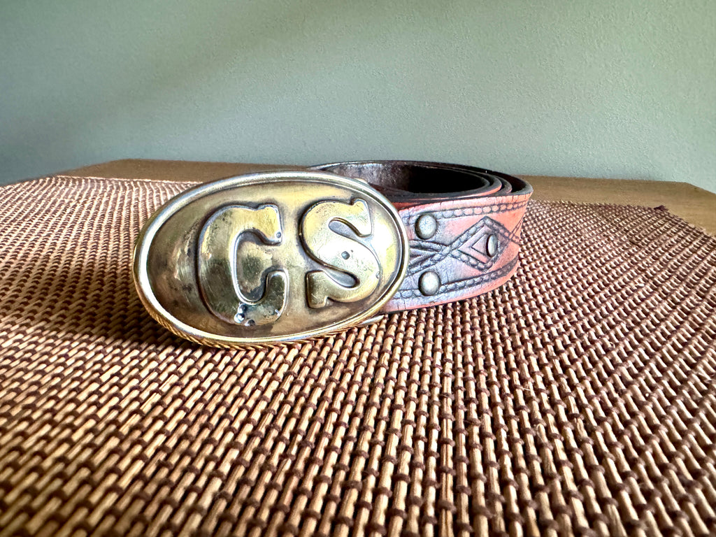 Vtg Replica Brass CS Civil War Belt Buckle ~ Confederate States Belt Buckle with Tooled Leather Belt