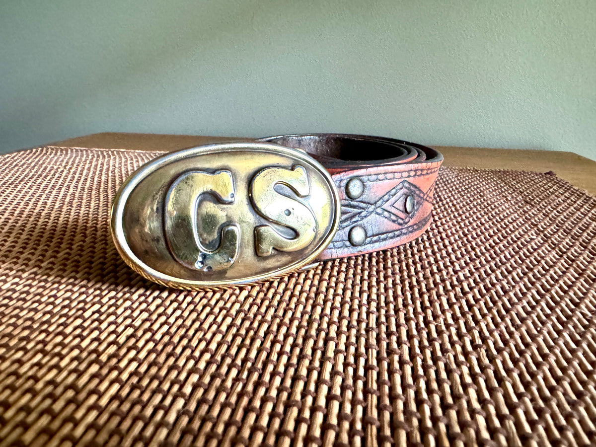 Vtg Replica Brass CS Civil War Belt Buckle ~ Confederate States Belt Buckle with Tooled Leather Belt