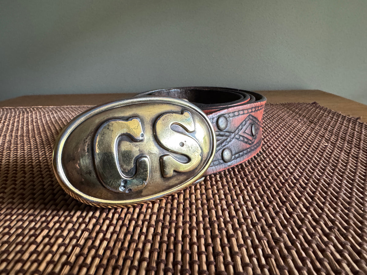 Vtg Replica Brass CS Civil War Belt Buckle ~ Confederate States Belt Buckle with Tooled Leather Belt