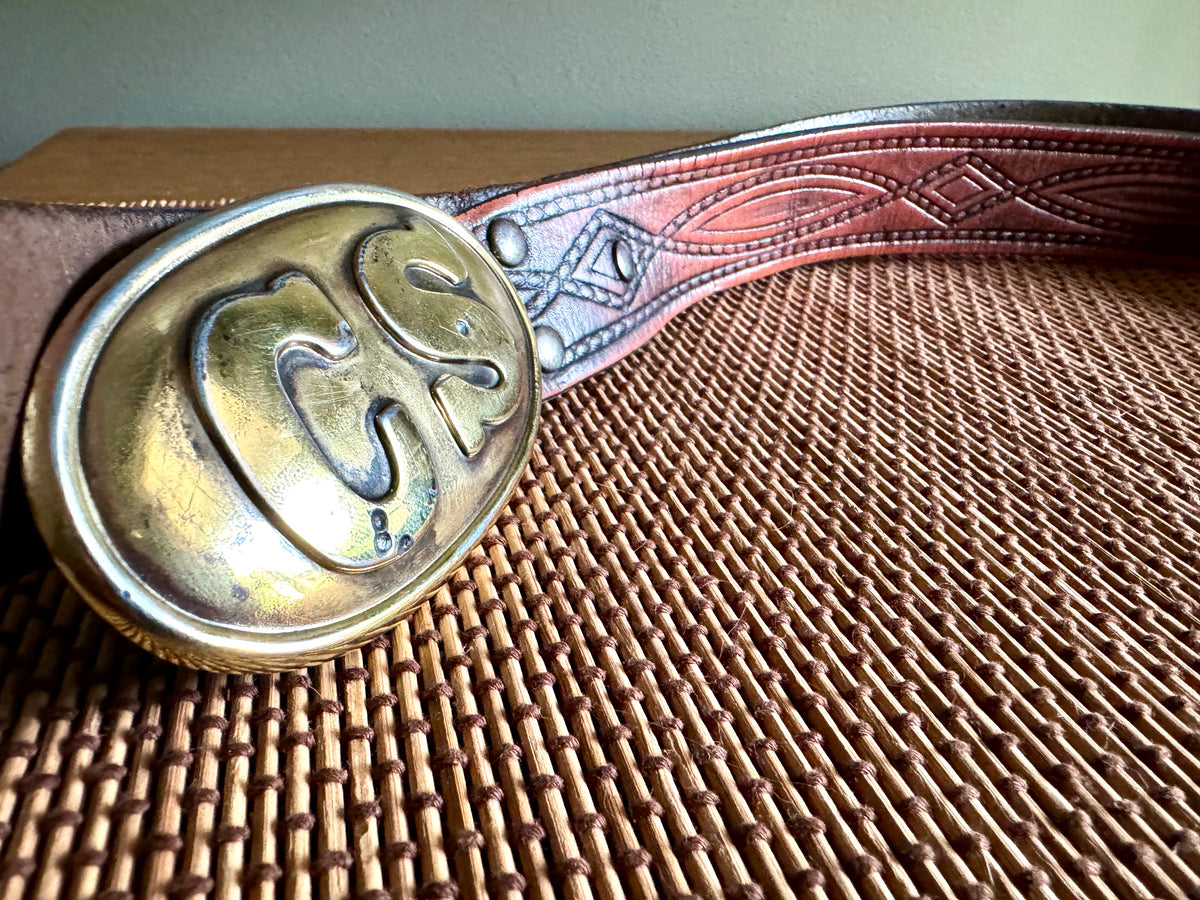 Vtg Replica Brass CS Civil War Belt Buckle ~ Confederate States Belt Buckle with Tooled Leather Belt