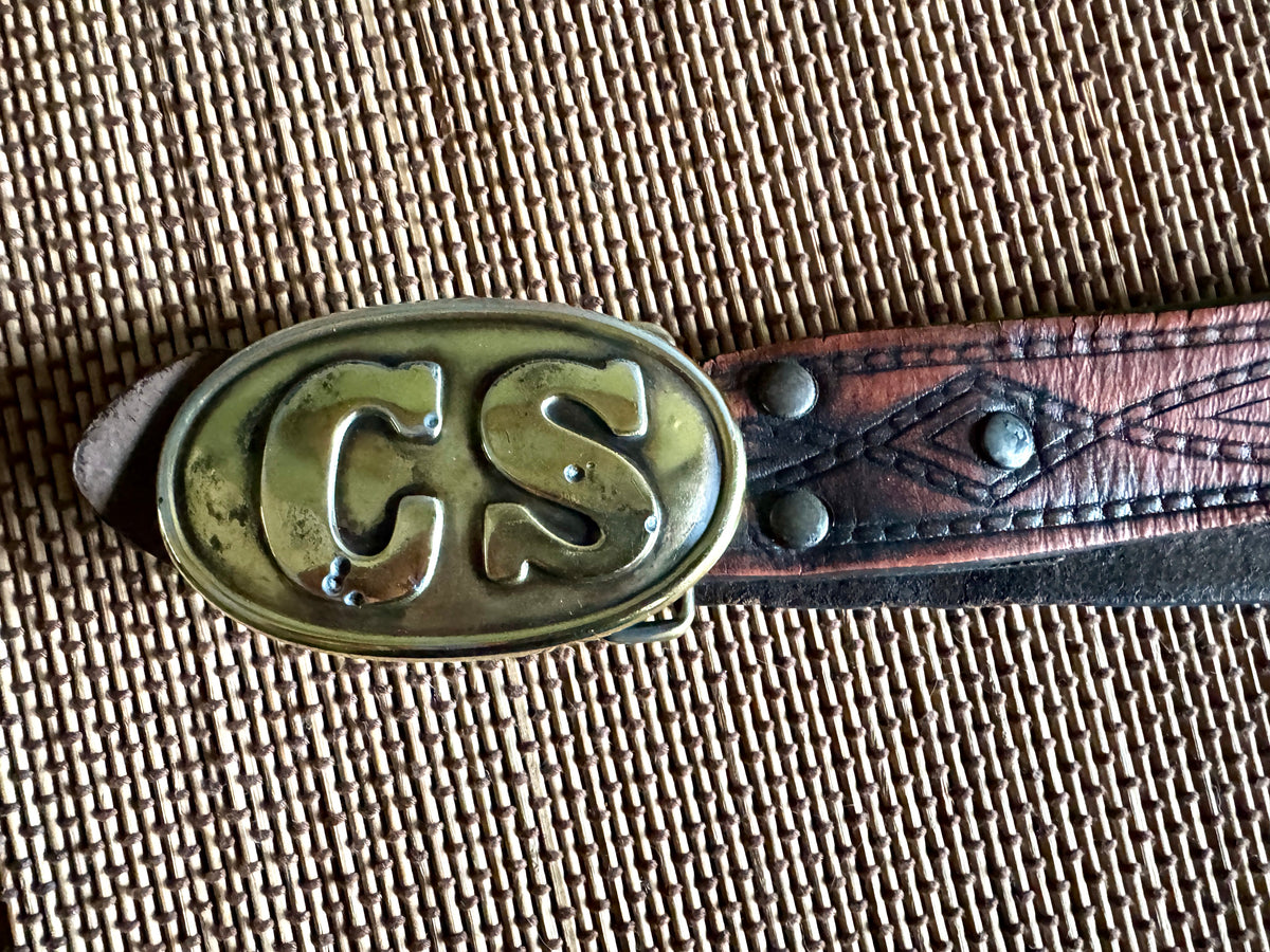 Vtg Replica Brass CS Civil War Belt Buckle ~ Confederate States Belt Buckle with Tooled Leather Belt