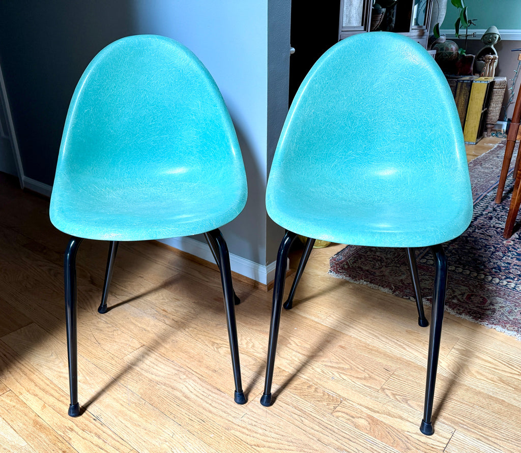 Pair of 1960's Mid-Century Modern Teal Chromecraft Fiberglass Molded Shell Chairs ~ Pair of MCM Teal Fiberglass Shell Chairs (2 Pairs available)