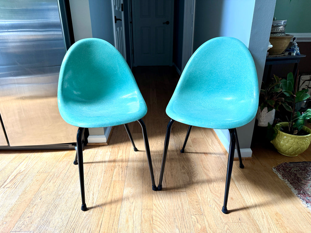 Pair of 1960's Mid-Century Modern Teal Chromecraft Fiberglass Molded Shell Chairs ~ Pair of MCM Teal Fiberglass Shell Chairs (2 Pairs available)