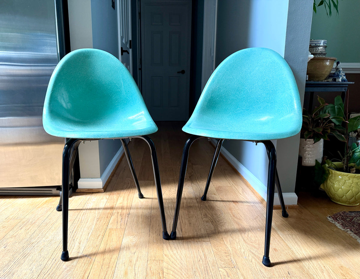 Pair of 1960's Mid-Century Modern Teal Chromecraft Fiberglass Molded Shell Chairs ~ Pair of MCM Teal Fiberglass Shell Chairs (2 Pairs available)