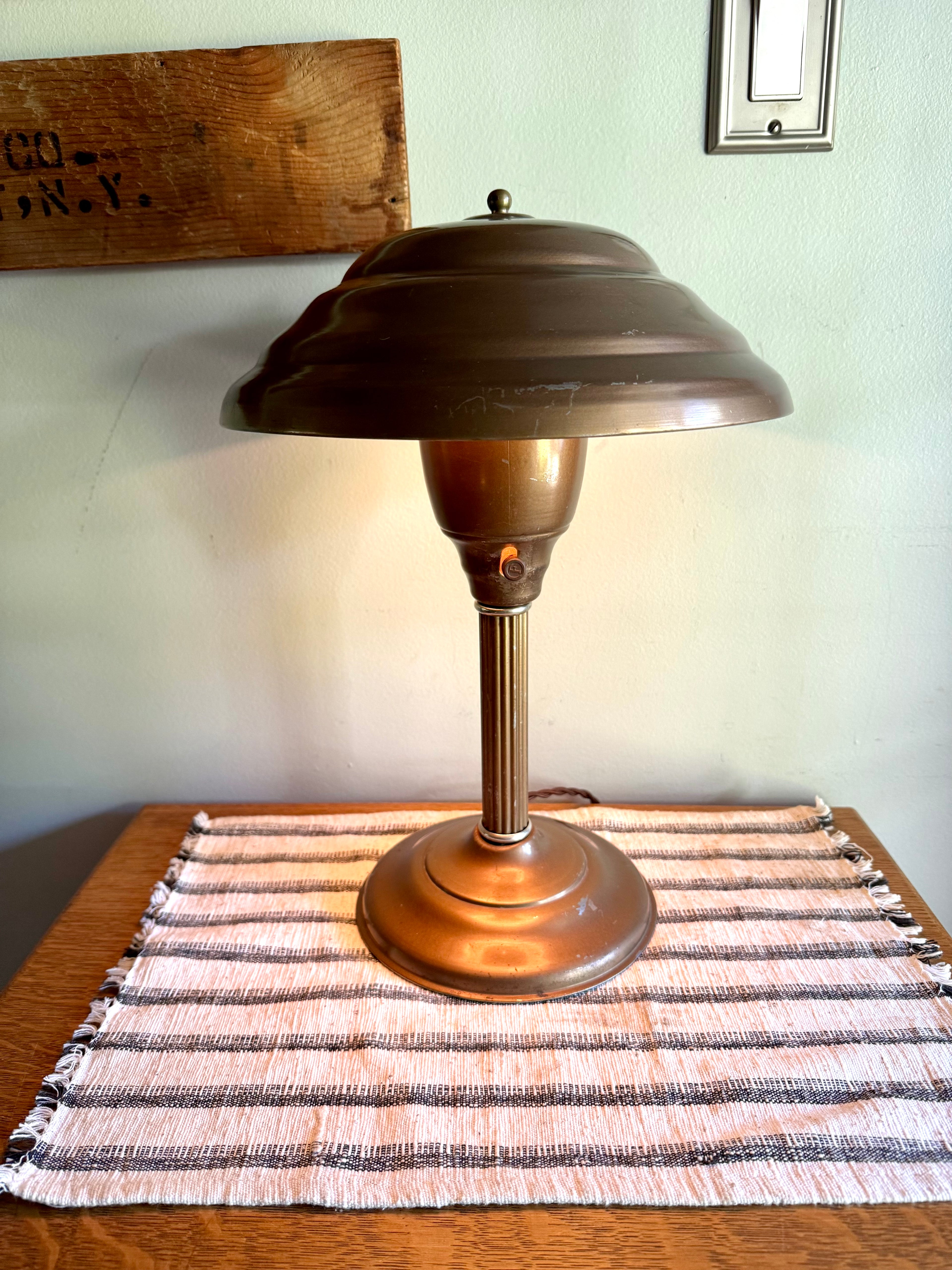 Vintage Machine Age Table Lamp | Distressed Brown Industrial Metal Desk Lamp | Atomic Flying Saucer Table Lamp | Metal Mushroom Lamp