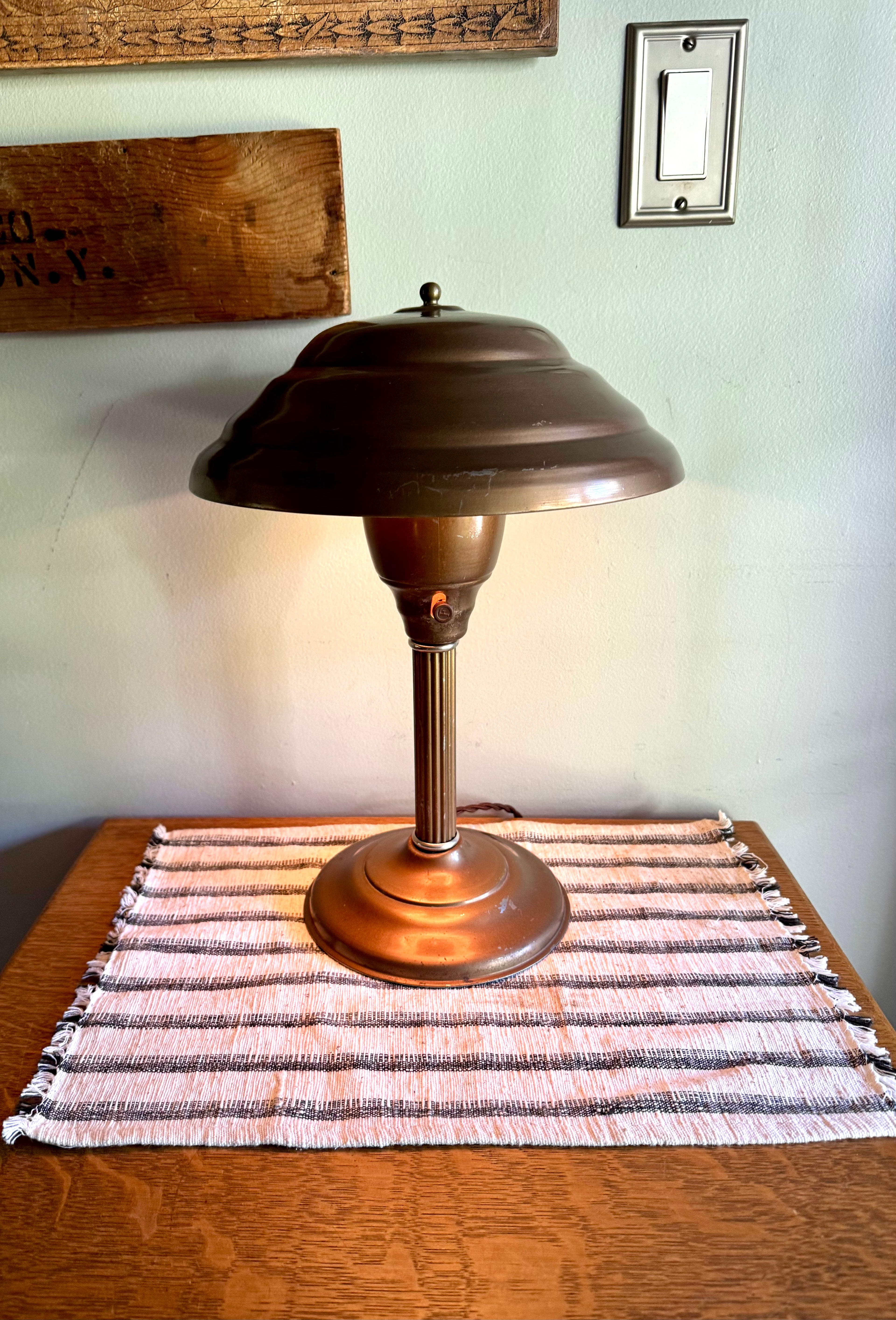 Vintage Machine Age Table Lamp | Distressed Brown Industrial Metal Desk Lamp | Atomic Flying Saucer Table Lamp | Metal Mushroom Lamp