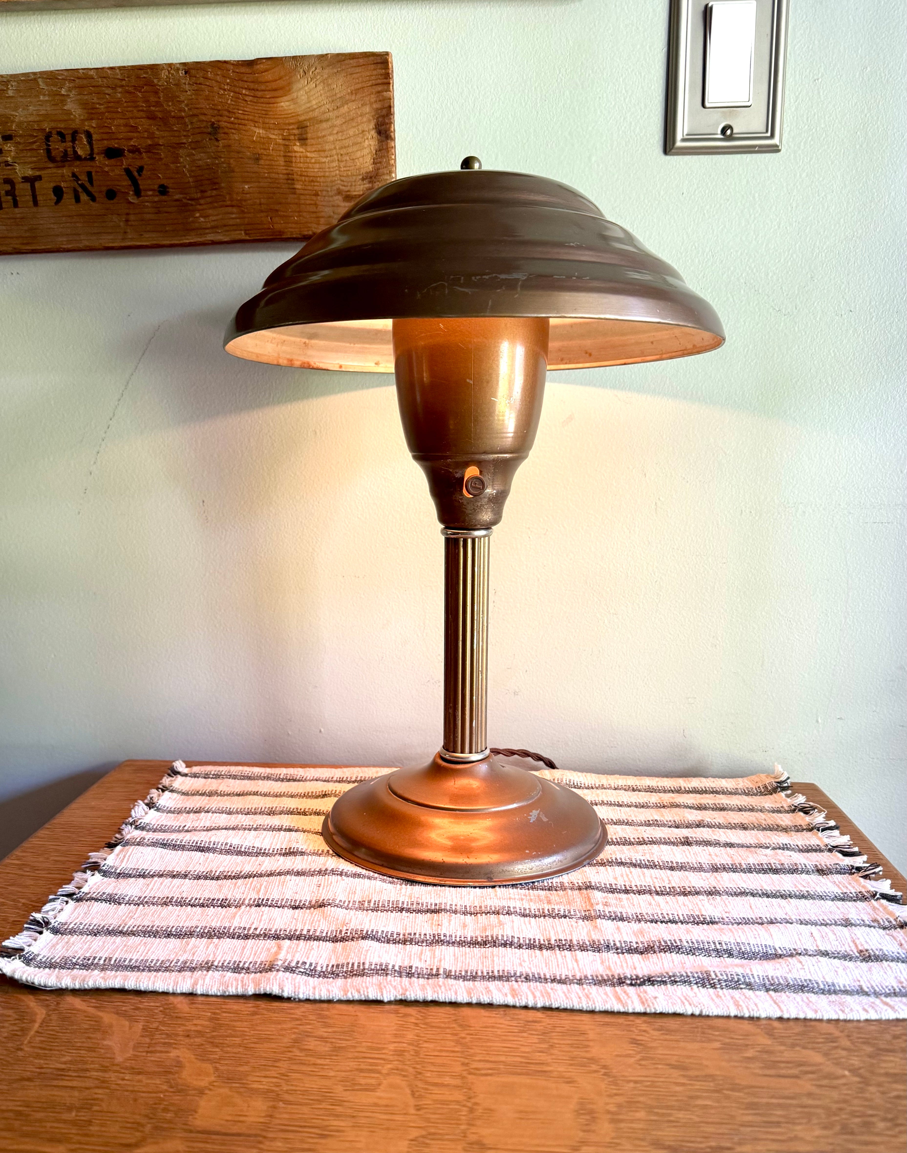 Vintage Machine Age Table Lamp | Distressed Brown Industrial Metal Desk Lamp | Atomic Flying Saucer Table Lamp | Metal Mushroom Lamp