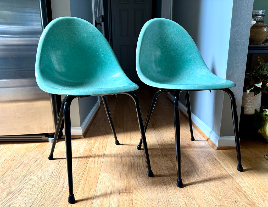 Pair of 1960's Mid-Century Modern Teal Chromecraft Fiberglass Molded Shell Chairs ~ Pair of MCM Teal Fiberglass Shell Chairs (2 Pairs available)