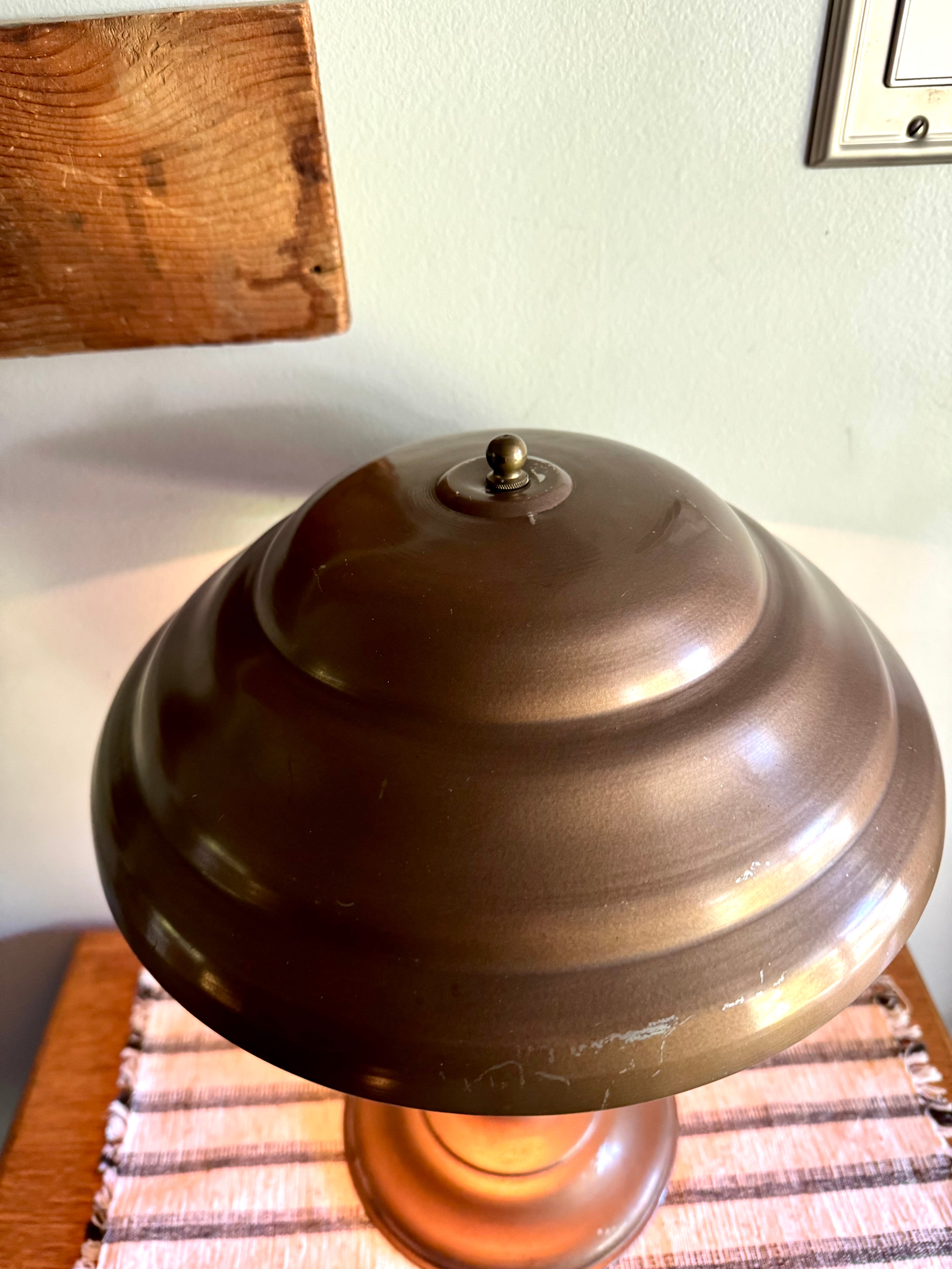 Vintage Machine Age Table Lamp | Distressed Brown Industrial Metal Desk Lamp | Atomic Flying Saucer Table Lamp | Metal Mushroom Lamp