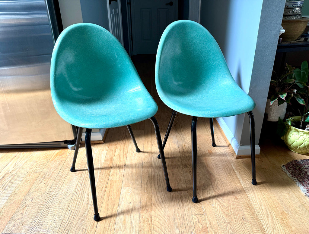 Pair of 1960's Mid-Century Modern Teal Chromecraft Fiberglass Molded Shell Chairs ~ Pair of MCM Teal Fiberglass Shell Chairs (2 Pairs available)