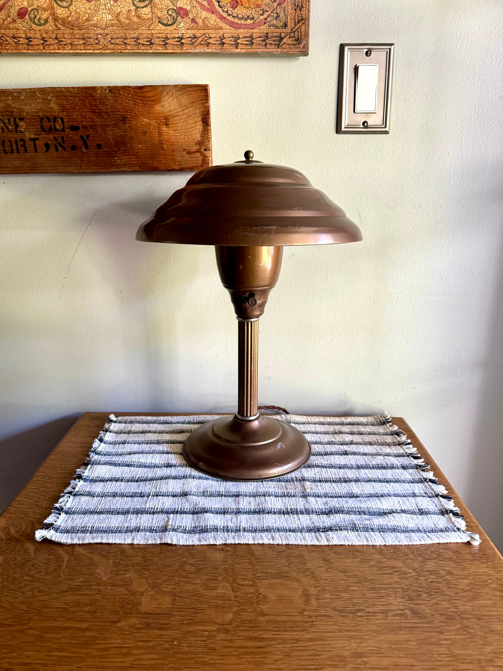 Vintage Machine Age Table Lamp | Distressed Brown Industrial Metal Desk Lamp | Atomic Flying Saucer Table Lamp | Metal Mushroom Lamp