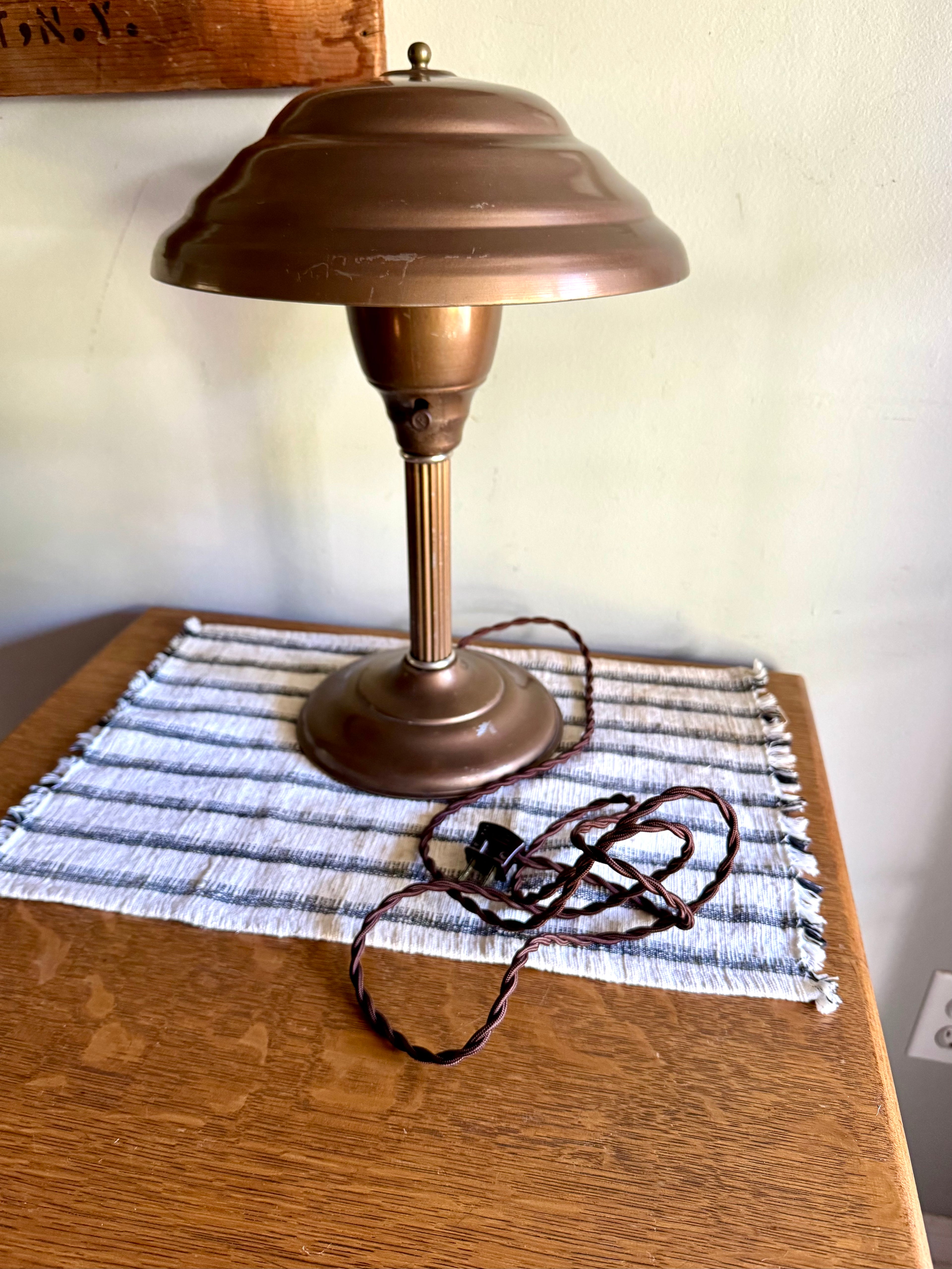 Vintage Machine Age Table Lamp | Distressed Brown Industrial Metal Desk Lamp | Atomic Flying Saucer Table Lamp | Metal Mushroom Lamp