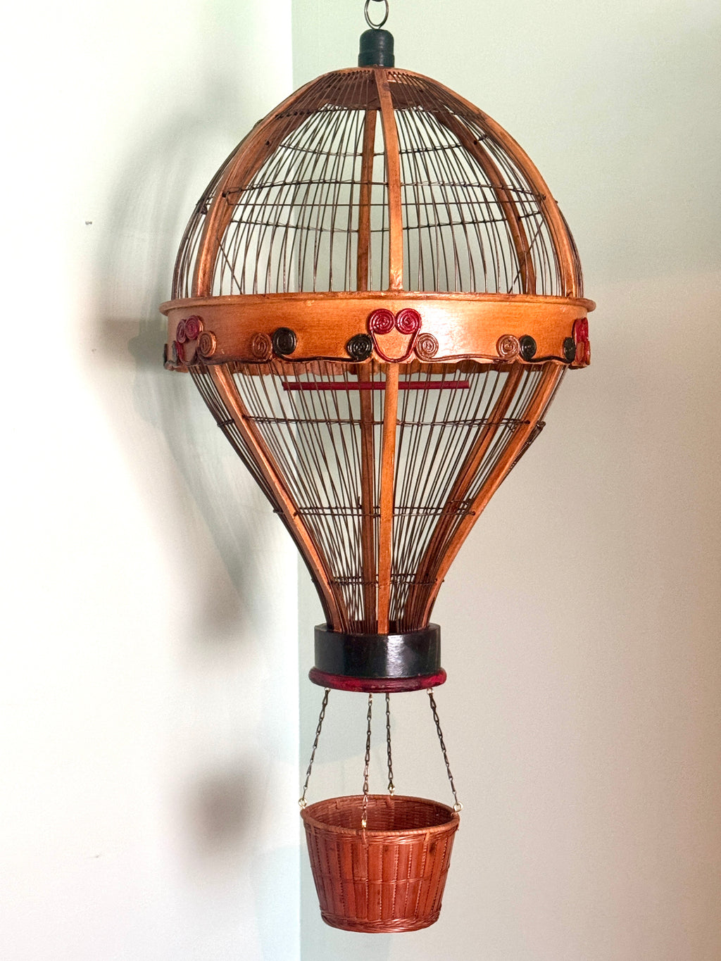 Vtg Whimsical Wood & Wire Hot Air Balloon Birdcage ~ Hanging Wooden Hot Air Balloon Birdcage Planter