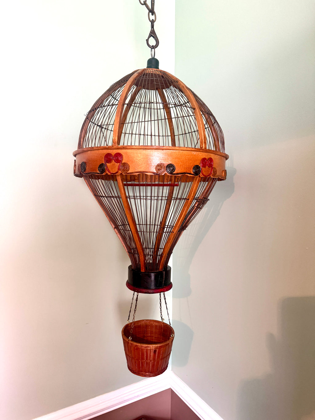 Vtg Whimsical Wood & Wire Hot Air Balloon Birdcage ~ Hanging Wooden Hot Air Balloon Birdcage Planter