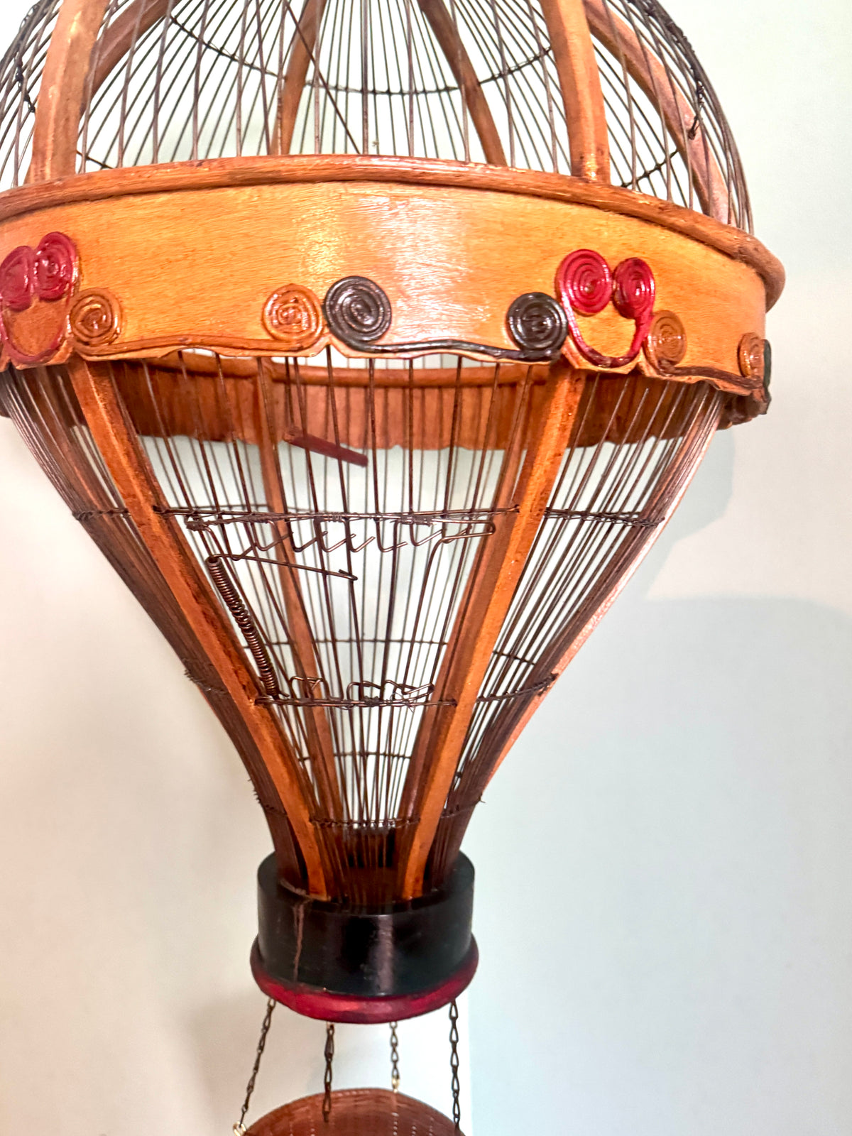 Vtg Whimsical Wood & Wire Hot Air Balloon Birdcage ~ Hanging Wooden Hot Air Balloon Birdcage Planter