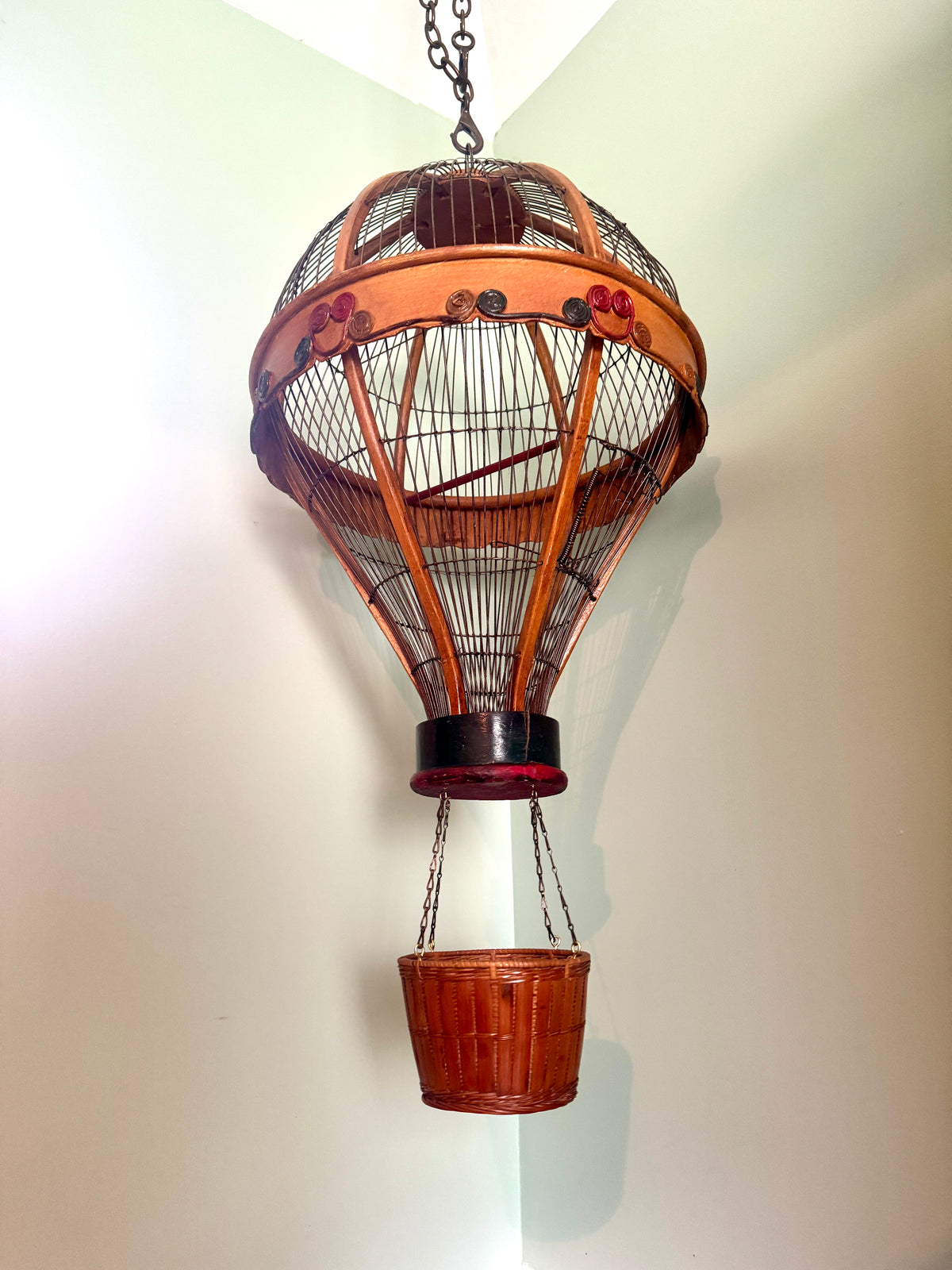 Vtg Whimsical Wood & Wire Hot Air Balloon Birdcage ~ Hanging Wooden Hot Air Balloon Birdcage Planter