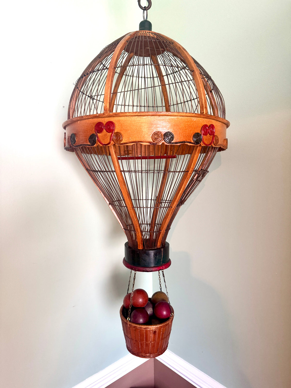 Vtg Whimsical Wood & Wire Hot Air Balloon Birdcage ~ Hanging Wooden Hot Air Balloon Birdcage Planter